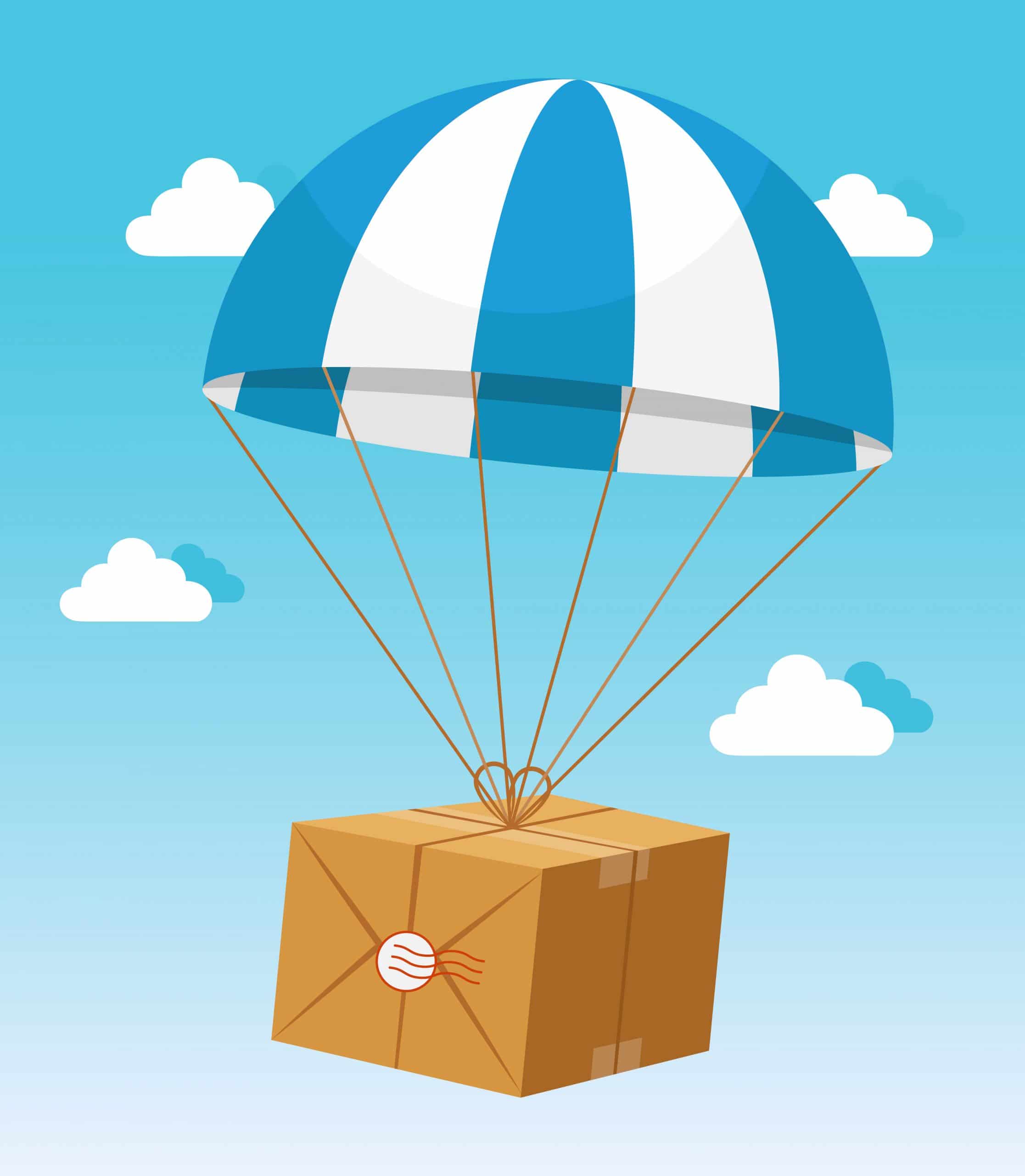 Blue and White Parachute Holding Delivery Box
