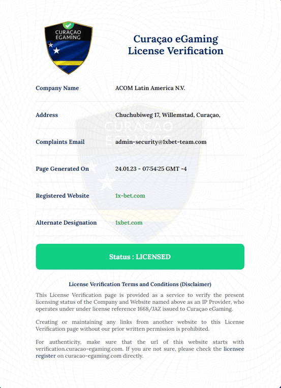 1xbet CURACAO license legal online gambling website to conduct sports betting and live casino online